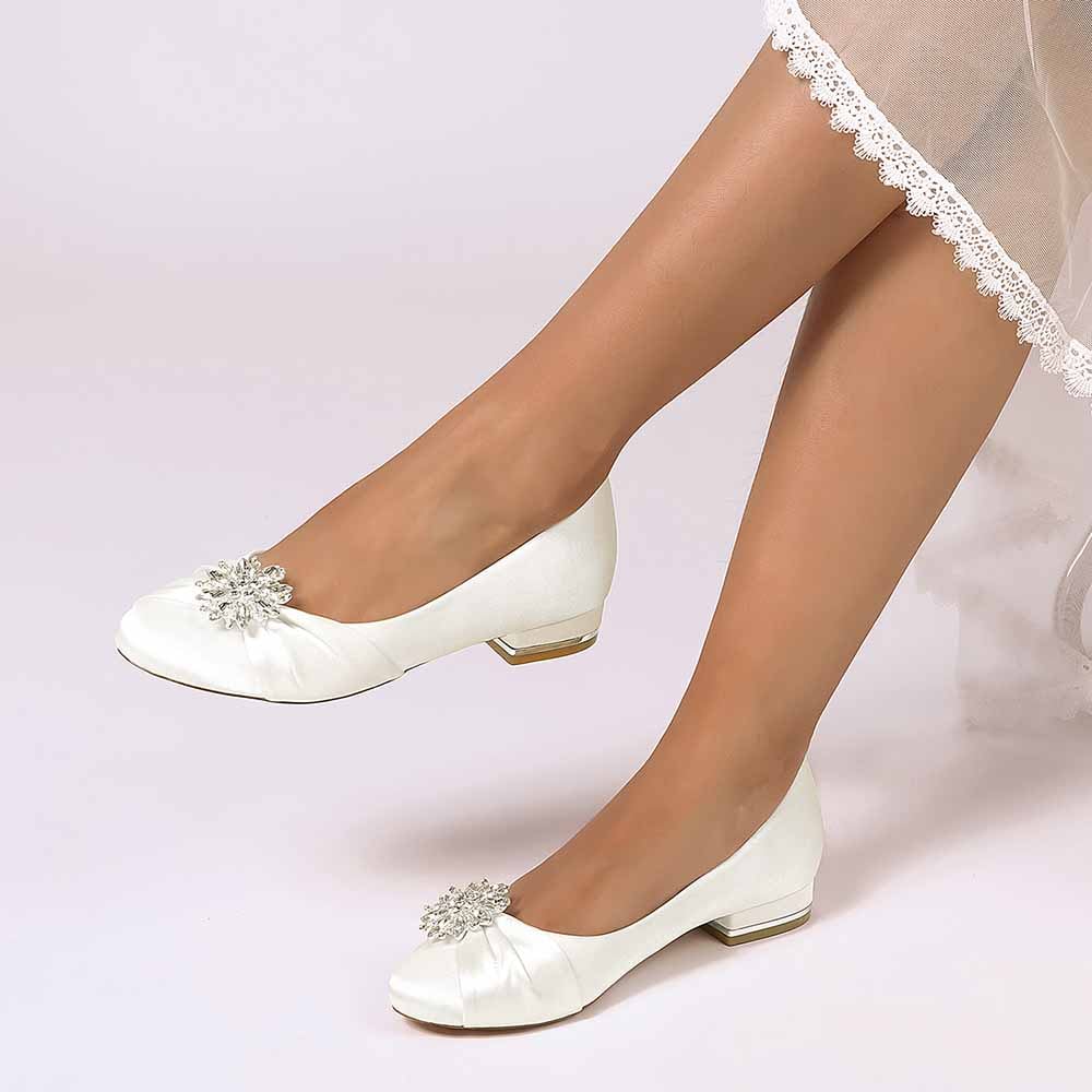 Flat Closed Toe Wedding Shoes Satin Crystal Detail Event Shoes