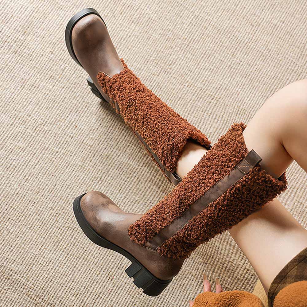 Stylish women's fur detail calf boots in brown with textured design for comfort and warmth