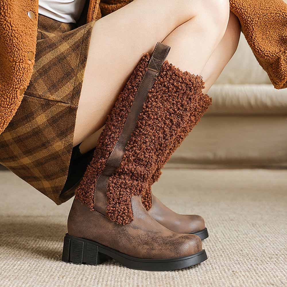 Stylish women's fur detail calf boots in brown, perfect for winter fashion and cozy comfort
