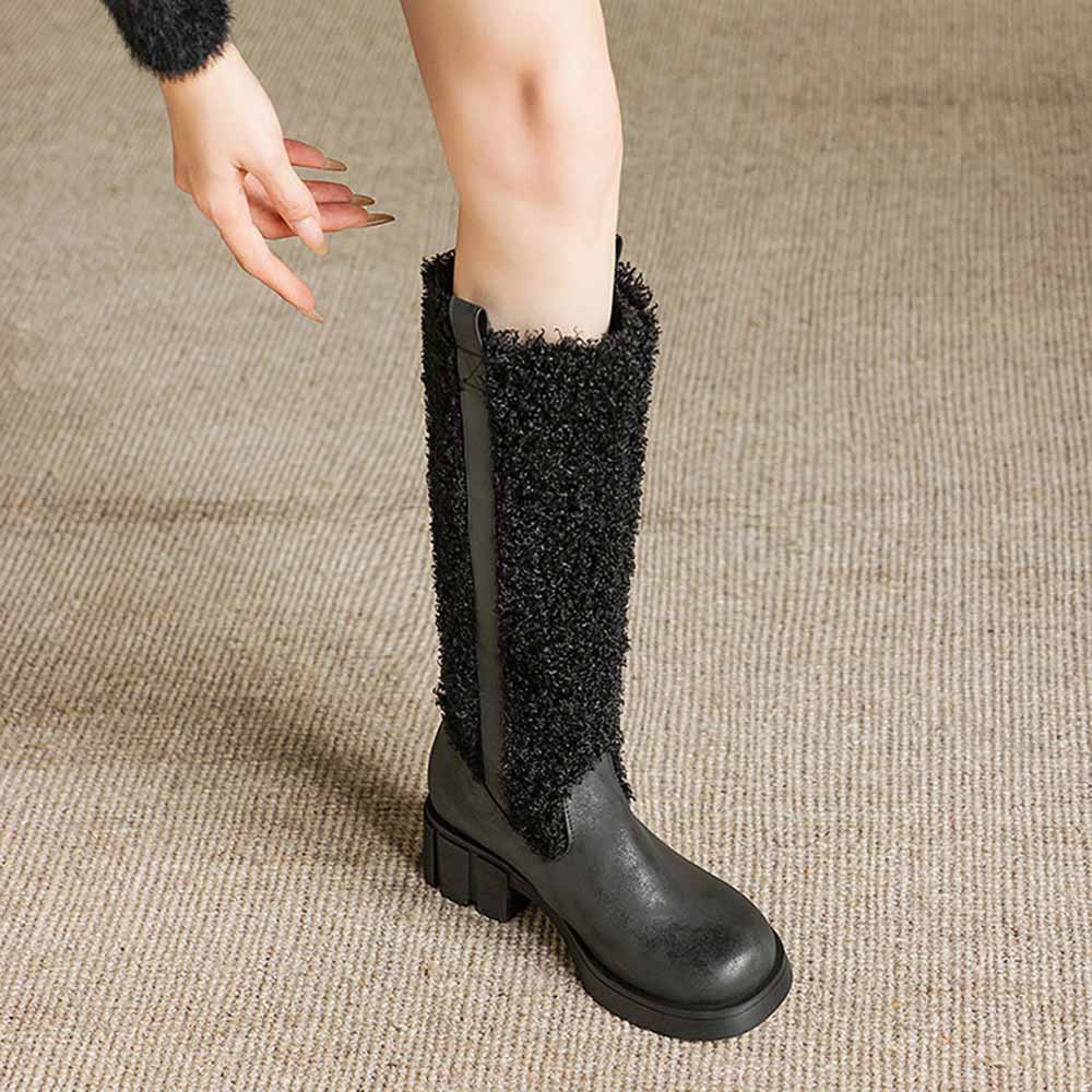 Stylish women's fur detail calf boots with a chunky heel for a trendy look this winter