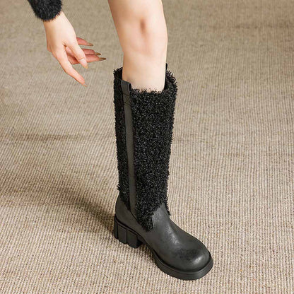 Stylish women's fur detail calf boots with a chunky heel for a trendy look this winter