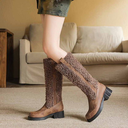 Stylish women's fur detail calf boots in brown with a unique textured design and chunky heel