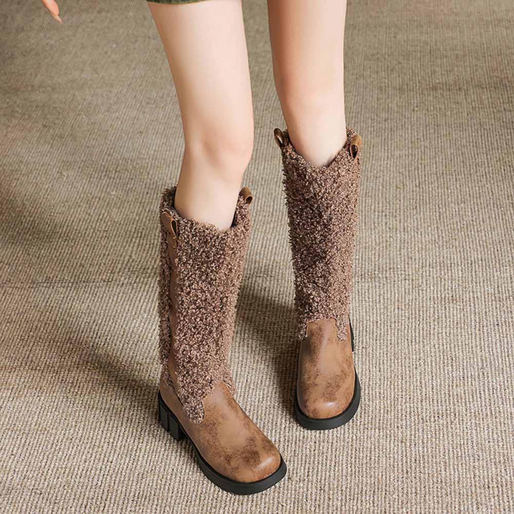 Stylish women's fur detail calf boots in brown for added warmth and comfort during winter