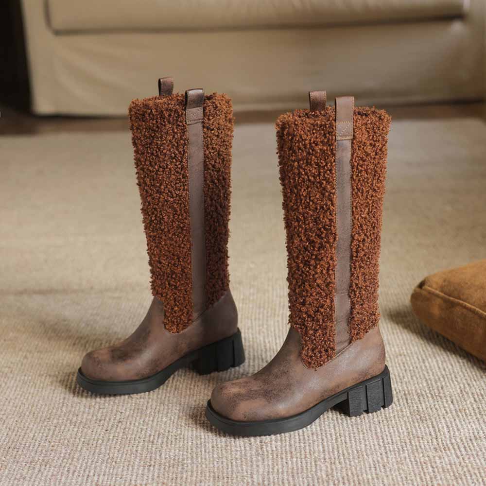 Stylish women's fur detail calf boots in brown with chunky soles for a fashionable winter look