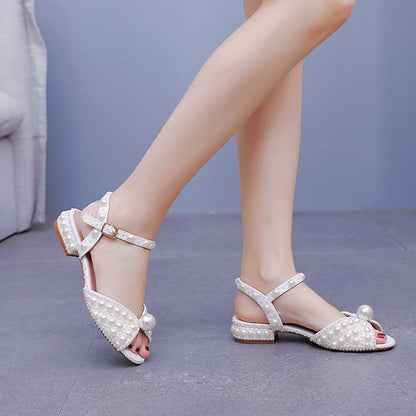 Flat Wedding Shoes Peep Toe Pearl Bridal Shoes