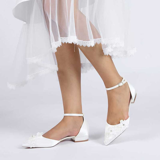 Flat Wedding Shoes Pointed Toe Flower Appliqued Ankle Strap Bridal Shoes