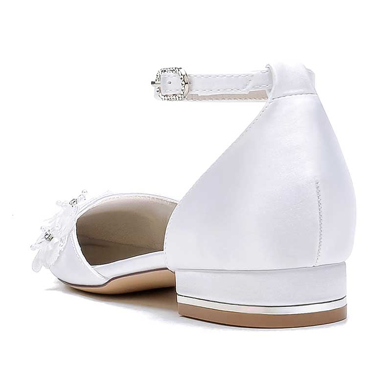 Flat Wedding Shoes Pointed Toe Flower Appliqued Ankle Strap Bridal Shoes