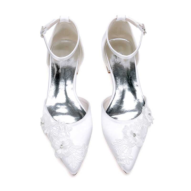 Flat Wedding Shoes Pointed Toe Flower Appliqued Ankle Strap Bridal Shoes