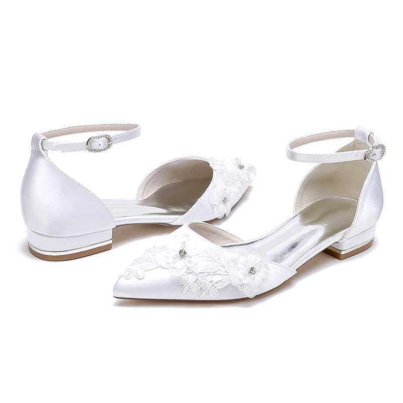 Flat Wedding Shoes Pointed Toe Flower Appliqued Ankle Strap Bridal Shoes