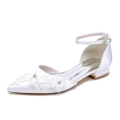 Flat Wedding Shoes Pointed Toe Flower Appliqued Ankle Strap Bridal Shoes