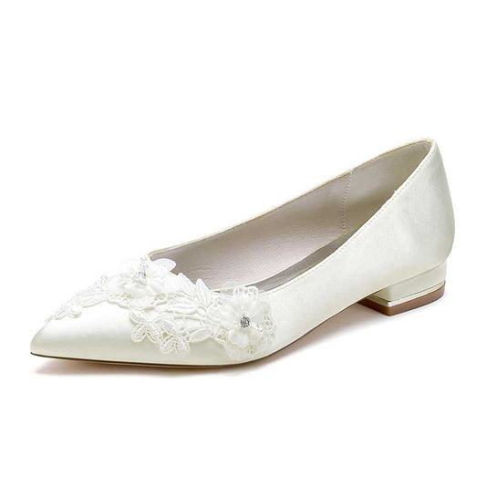 Flat Wedding Shoes Pointed Toe Flower Appliqued Bridal Shoes