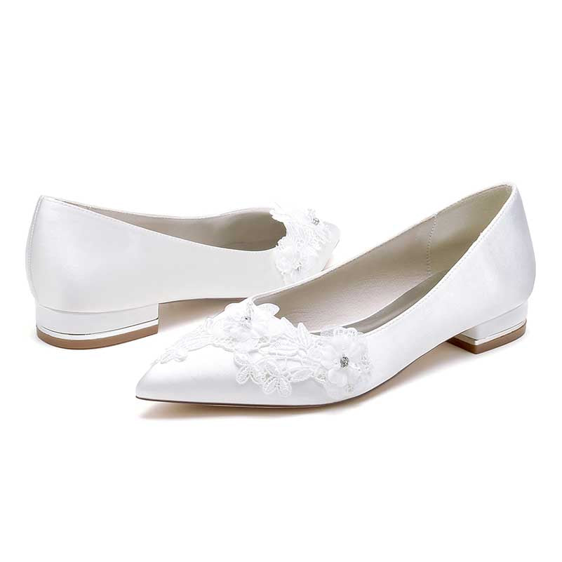 Flat Wedding Shoes Pointed Toe Flower Appliqued Bridal Shoes