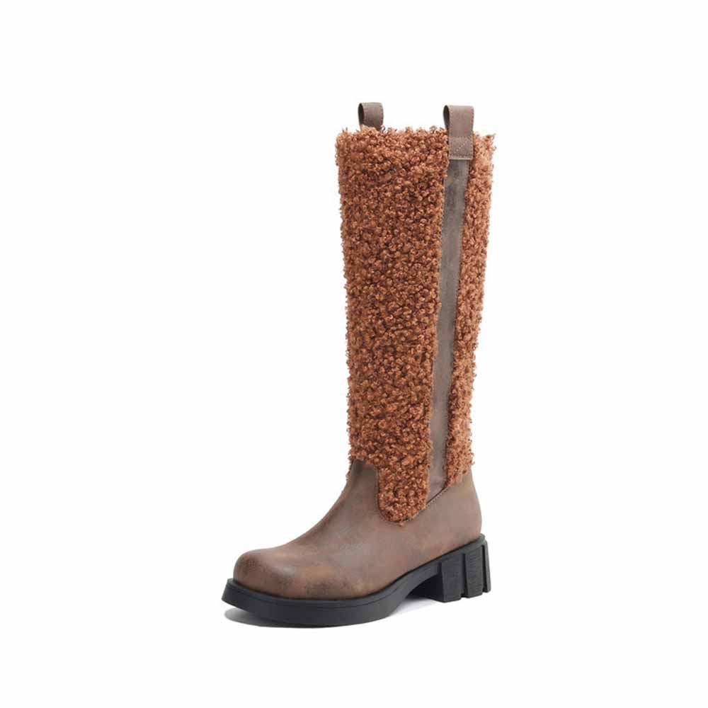 Stylish women's fur detail calf boots in brown with a chunky heel for a trendy look