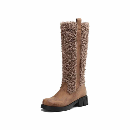 Women's fur detail calf boots in brown with a stylish design and chunky heel for added comfort