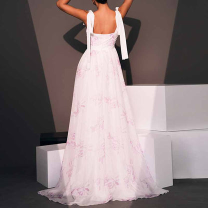 Lace-Up Strap Long Prom Dress Floral Print Vintage Wedding Gown