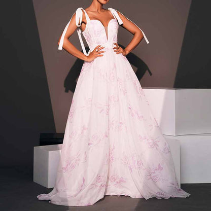 Lace-Up Strap Long Prom Dress Floral Print Vintage Wedding Gown