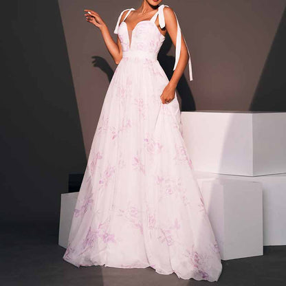 Lace-Up Strap Long Prom Dress Floral Print Vintage Wedding Gown