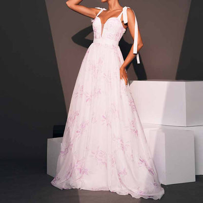 Lace-Up Strap Long Prom Dress Floral Print Vintage Wedding Gown