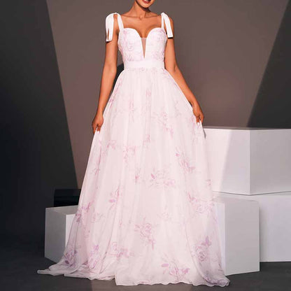 Lace-Up Strap Long Prom Dress Floral Print Vintage Wedding Gown