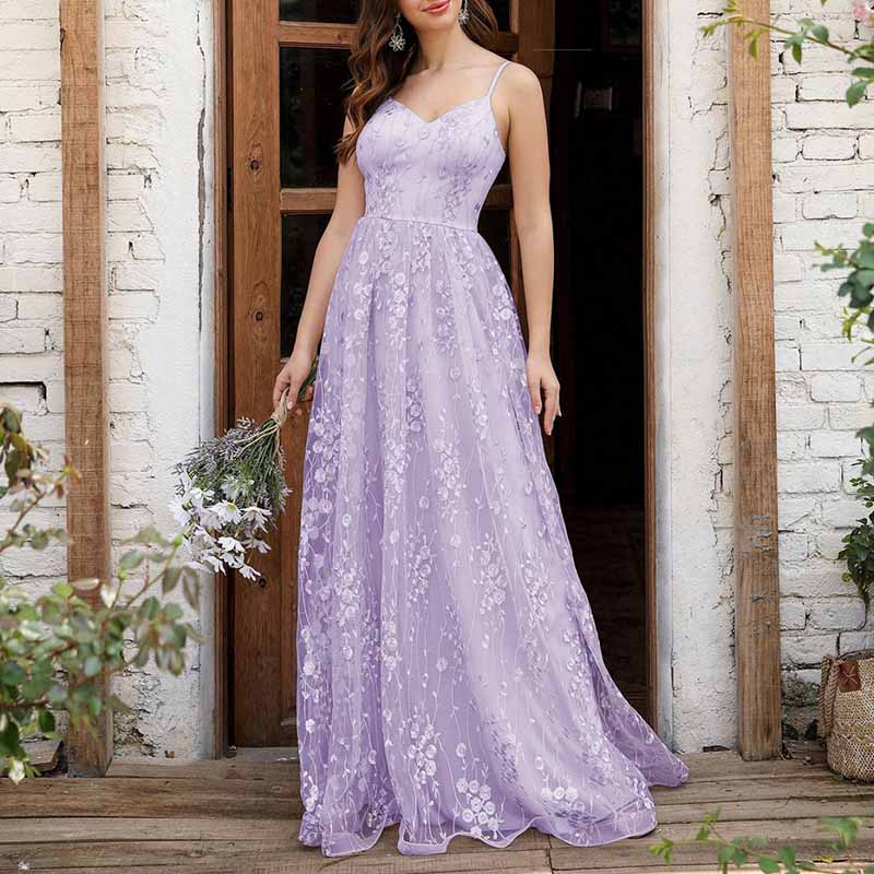 Floral Embroidered Event Dress Spaghetti Strap Prom Gown Bridesmaid Dress