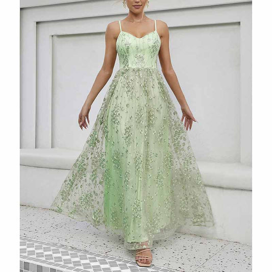 Floral Embroidered Event Dress Spaghetti Strap Prom Gown Bridesmaid Dress