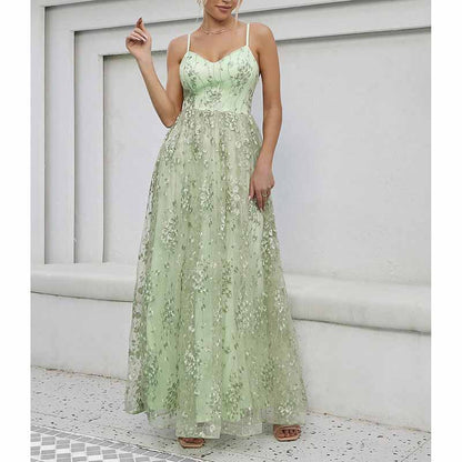 Floral Embroidered Event Dress Spaghetti Strap Prom Gown Bridesmaid Dress