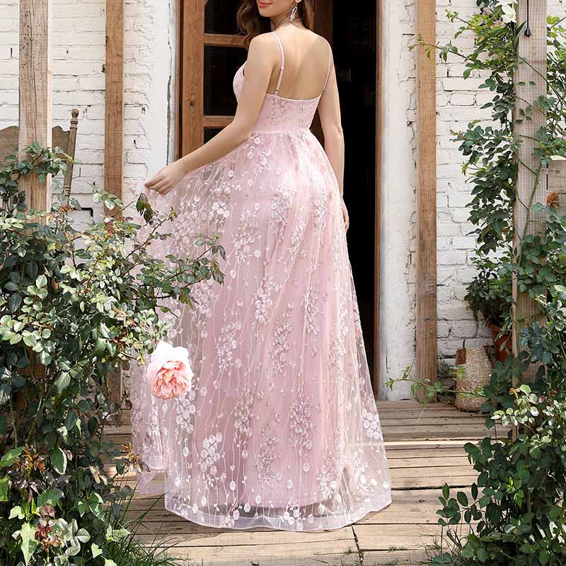 Floral Embroidered Event Dress Spaghetti Strap Prom Gown Bridesmaid Dress