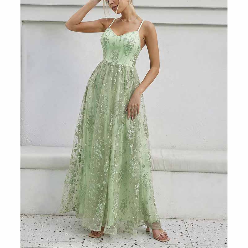 Floral Embroidered Event Dress Spaghetti Strap Prom Gown Bridesmaid Dress