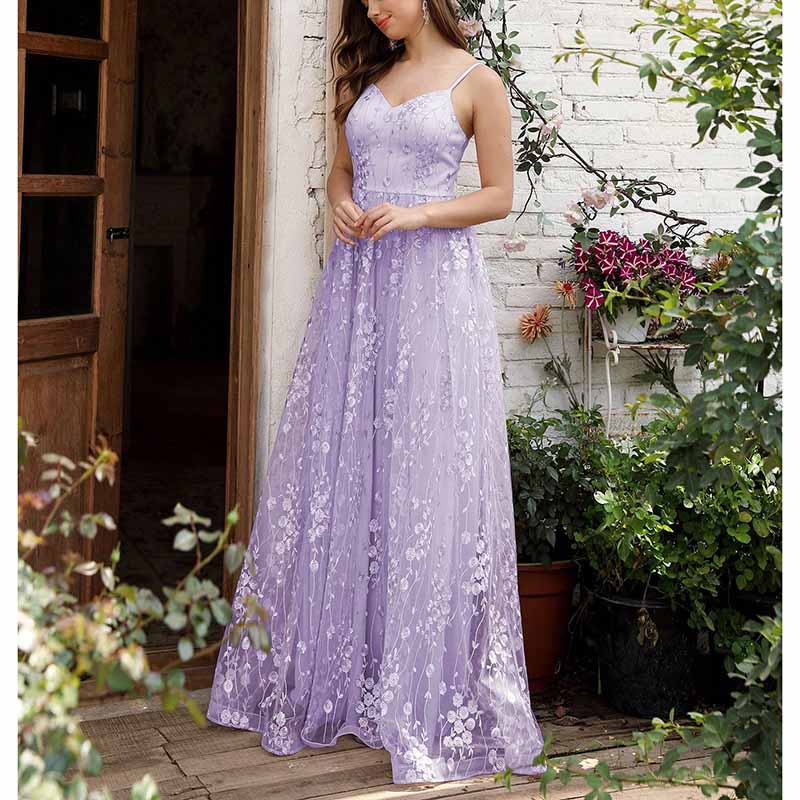 Floral Embroidered Event Dress Spaghetti Strap Prom Gown Bridesmaid Dress