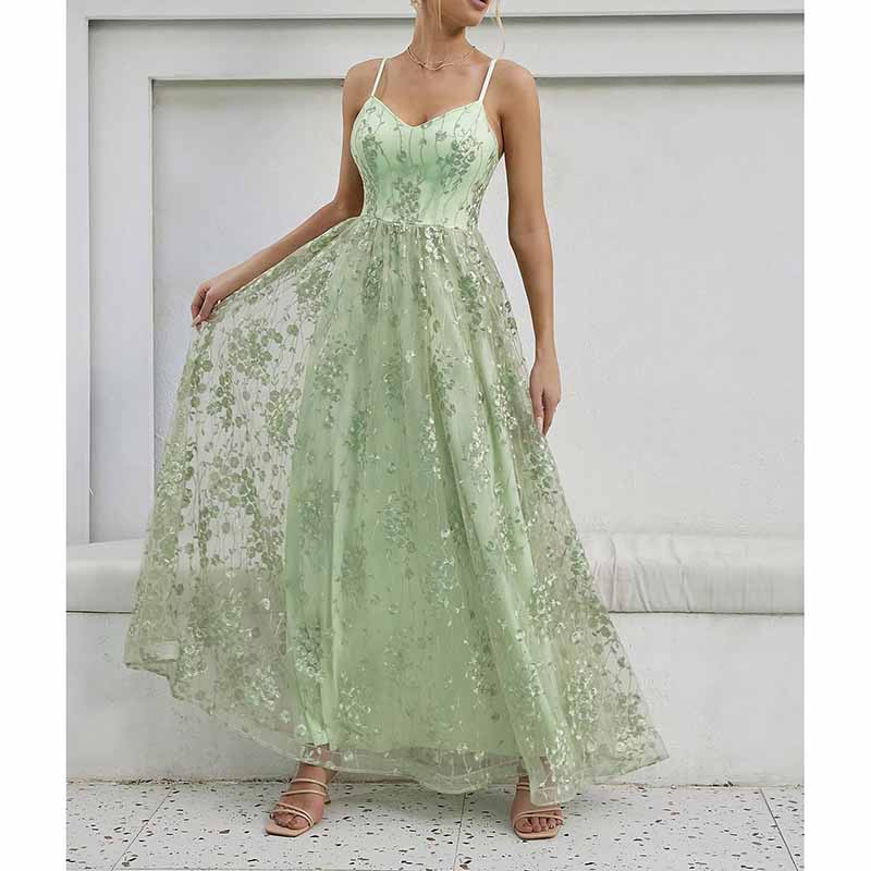 Floral Embroidered Event Dress Spaghetti Strap Prom Gown Bridesmaid Dress