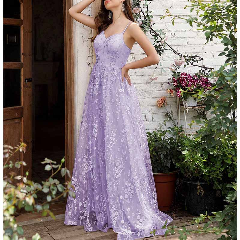 Floral Embroidered Event Dress Spaghetti Strap Prom Gown Bridesmaid Dress