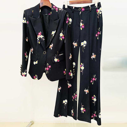 Floral Embroidered Pantsuit  Black Power Suit with Flare Pants