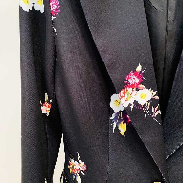 Floral Embroidered Pantsuit  Black Power Suit with Flare Pants