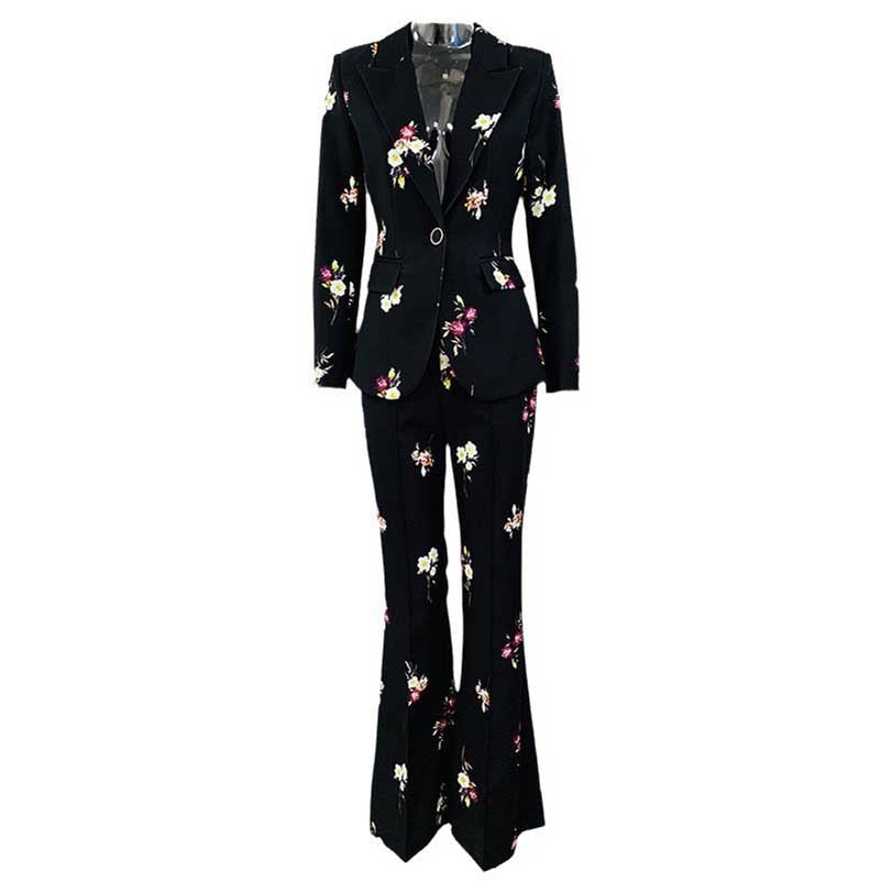 Floral Embroidered Pantsuit  Black Power Suit with Flare Pants