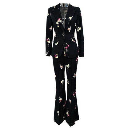 Floral Embroidered Pantsuit  Black Power Suit with Flare Pants