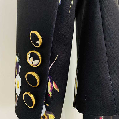 Floral Embroidered Pantsuit  Black Power Suit with Flare Pants