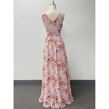 Floral Long Prom Dress High Split Pink Bridesmaid Dress Chiffon A Line Dress
