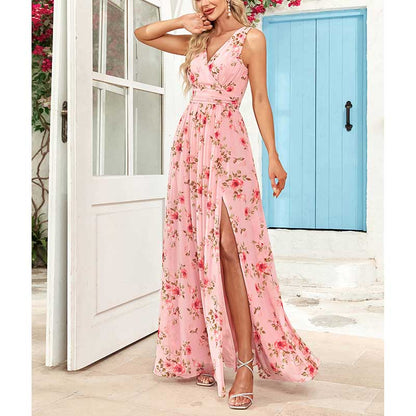 Floral Long Prom Dress High Split Pink Bridesmaid Dress Chiffon A Line Dress
