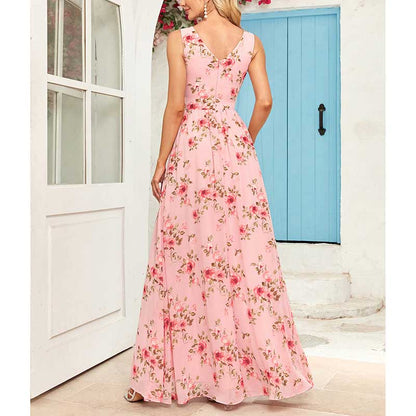 Floral Long Prom Dress High Split Pink Bridesmaid Dress Chiffon A Line Dress