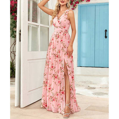 Floral Long Prom Dress High Split Pink Bridesmaid Dress Chiffon A Line Dress
