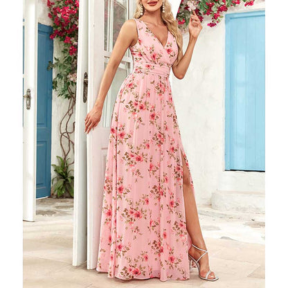 Floral Long Prom Dress High Split Pink Bridesmaid Dress Chiffon A Line Dress