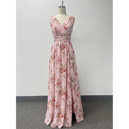 Floral Long Prom Dress High Split Pink Bridesmaid Dress Chiffon A Line Dress