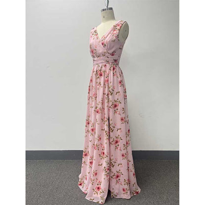 Floral Long Prom Dress High Split Pink Bridesmaid Dress Chiffon A Line Dress