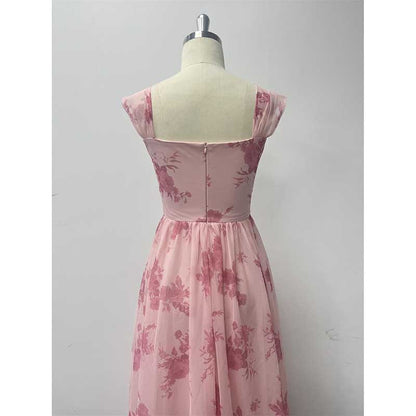 Floral Long Prom Dress Square Neck Pink Bridesmaid Dress Chiffon A Line Dress
