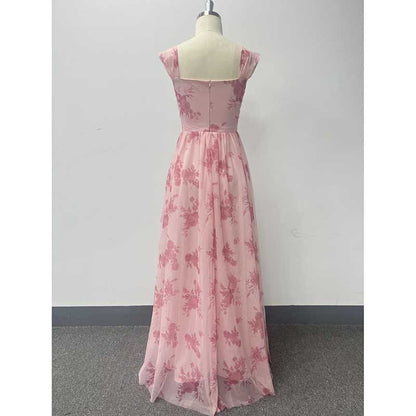 Floral Long Prom Dress Square Neck Pink Bridesmaid Dress Chiffon A Line Dress