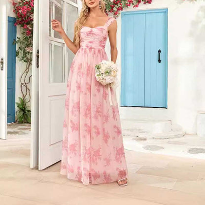 Floral Long Prom Dress Square Neck Pink Bridesmaid Dress Chiffon A Line Dress