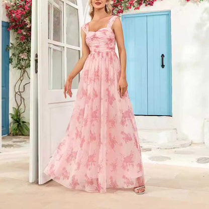 Floral Long Prom Dress Square Neck Pink Bridesmaid Dress Chiffon A Line Dress