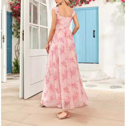 Floral Long Prom Dress Square Neck Pink Bridesmaid Dress Chiffon A Line Dress