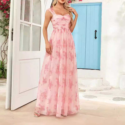 Floral Long Prom Dress Square Neck Pink Bridesmaid Dress Chiffon A Line Dress