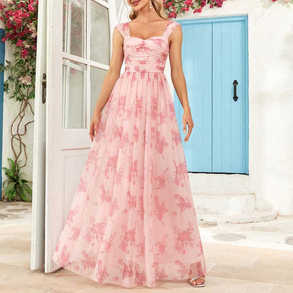 Floral Long Prom Dress Square Neck Pink Bridesmaid Dress Chiffon A Line Dress